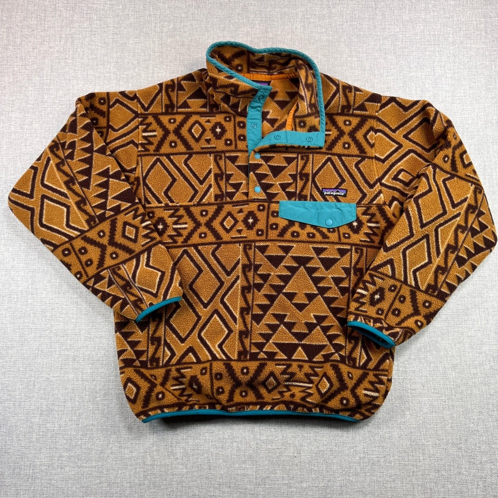Patagonia Synchilla Montana‎ Siete Bear Brown Aztec Snap T Pullover Mens S Retro